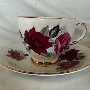 Vintage Delphine Tea Cup and Saucer Rose Pattern Rare 1940s
